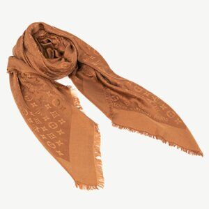 Louis Vuitton Camel Silk & Wool Monogram Fringe Shawl